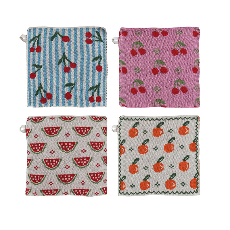 4-Piece Square Cotton Knit Dish Cloths with Fruit Pattern