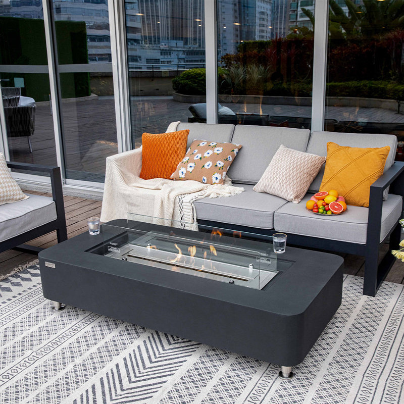 Sydney 14'' H x 61.9'' W Concrete Bio-ethanol Fuel Outdoor Fire Pit Table with Windscreen and Lid, Black