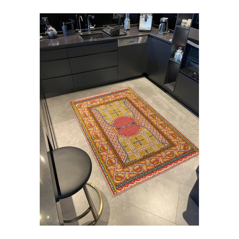 Orange Themed Multicolored Motif Ethnic Floral Patterned Vintage Decorative Carpet, Round 4'