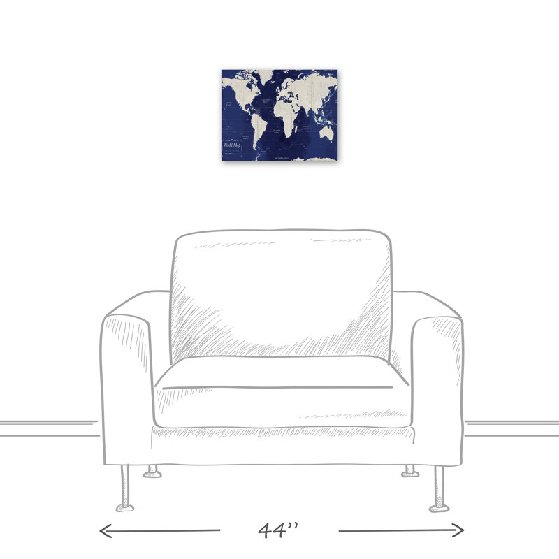 Carte du monde bleu marine sur toile, H 11 po x l 14 po x P 1,25 po