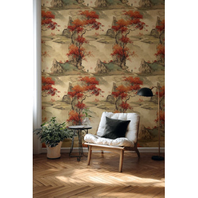 Papier peint oriental paysage d'automne, adhésif mural asiatique