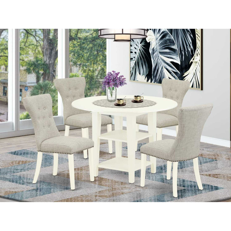 Linen White Solid Wood Round Dining Set with Gray Upholstered Chairs