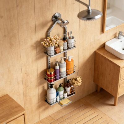 Adjustable Over-The-Showerhead Caddy With Anti-Swing Design, 3-Tier Hanging Bathroom Storage Organizer With Soap Basket, Rust-Resistant Metal Construction