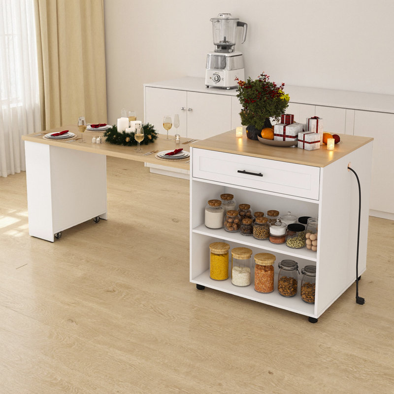 Îlot de cuisine et table de salle à manger blanc extensible de 80 pouces avec prises de courant et rangement