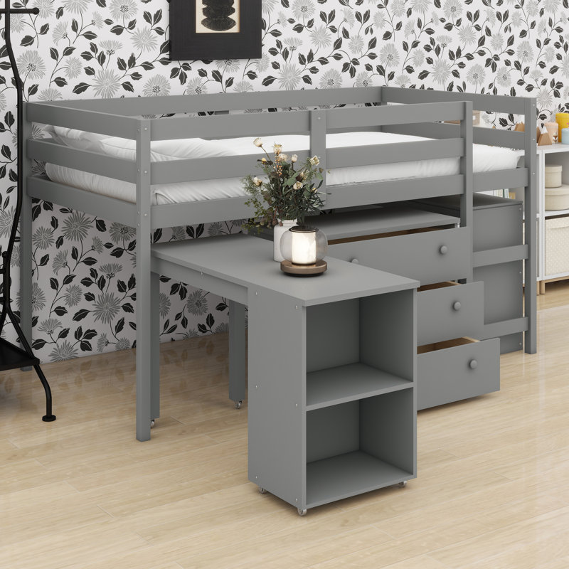 Lit mezzanine bas avec armoire de rangement et bureau portatif à roulettes, Grey