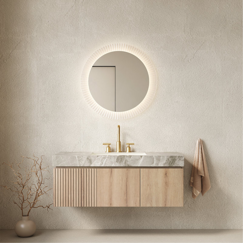 Meuble-lavabo 48 po, meuble de rangement flottant en contreplaqué avec tiroir et portes, comptoir en pierre frittée gris clair et lavabo en céramique avec 3 trous de robinet pré-percés, blanc pré-assemblé
