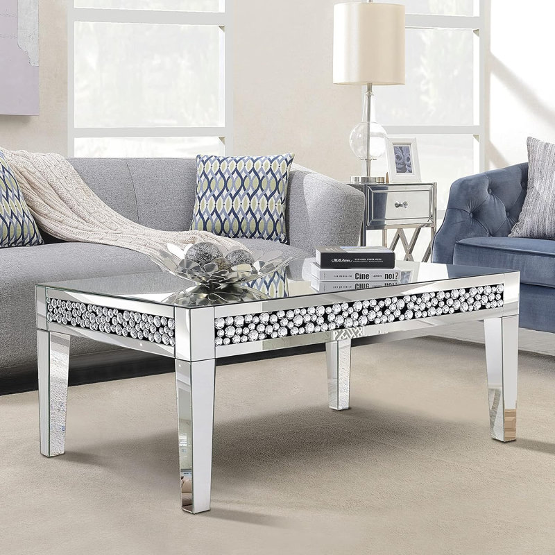 Silver Mirrored Rectangular Coffee Table with Crystal Diamond Inlay