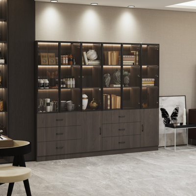 Modern Aluminum Frame Bookcase Set With Tempered Glass Doors, 3-Color LED Lighting, And Storage Drawers