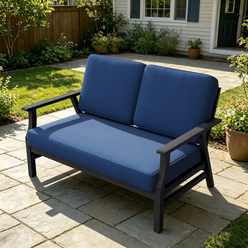 Causeuse d'extérieur en teck massif avec coussin et accoudoirs, Bleu marine, Noir