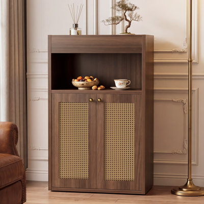 Armoire de rangement de salle de bain de 95 cm (37 po) de haut avec porte en rotin, armoire à linge autoportante avec étagères réglables et tablette supérieure ouverte, organisateur étroit blanc pour salle de bain, salon, buanderie