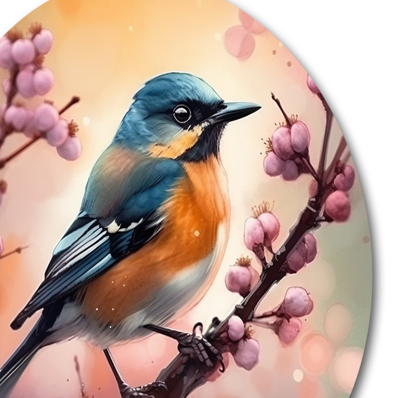 «Blue Bird On A Tree II», art mural rond en métal à motif floral, H 36 po x l 36 po x P 1 po