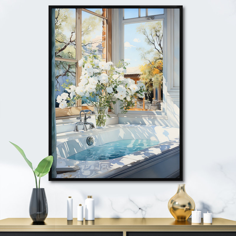 Bathroom Tranquil Reflections VI - Art mural encadré pour salle de bain, Cadre flottant noir, H 32 po x l 16 po x P 1 po