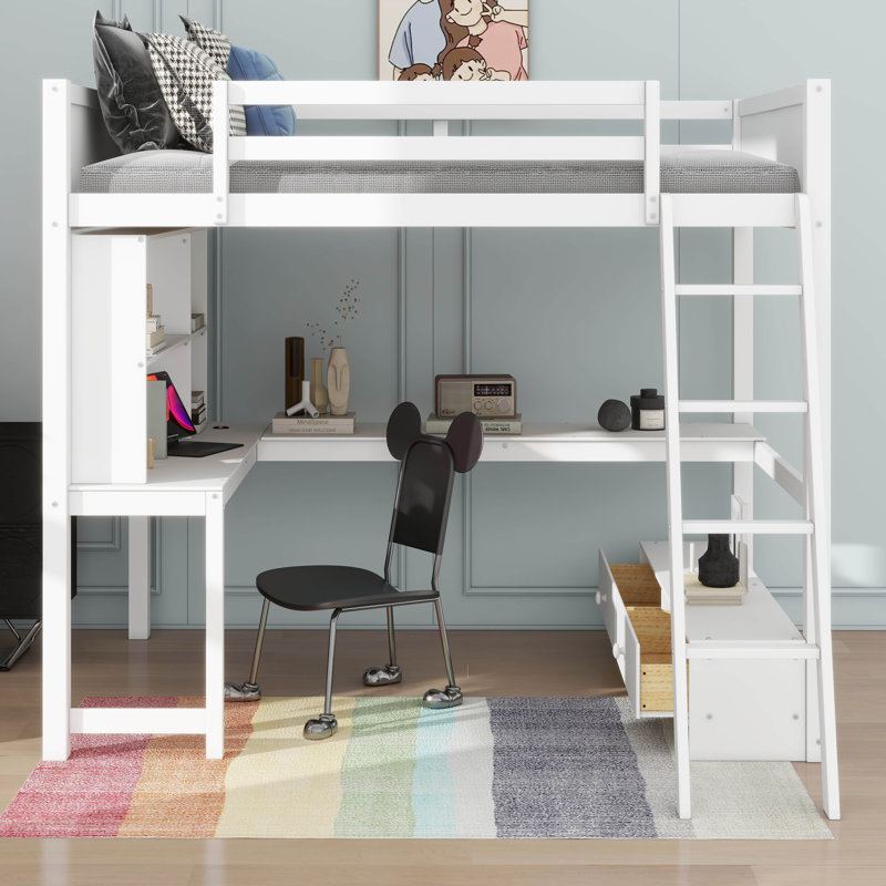 Lit mezzanine double avec bureau en L à rangement multiple, lumière DEL et station de charge USB, banc de rangement avec 2 tiroirs