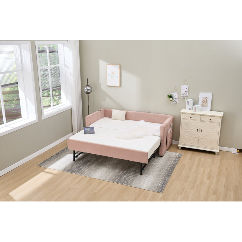 Pink Velvet Daybed, Sturdy Wooden Bed Frame, Modern Diamond Grid Pull-Out Design, Perfect For Bedroom, Living Room Furniture