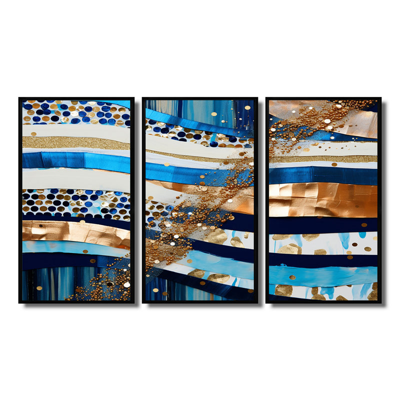 Ensemble de salon art mural Blue Sparkling, Cadre flottant noir, H 32 po x l 48 po x P 1 po