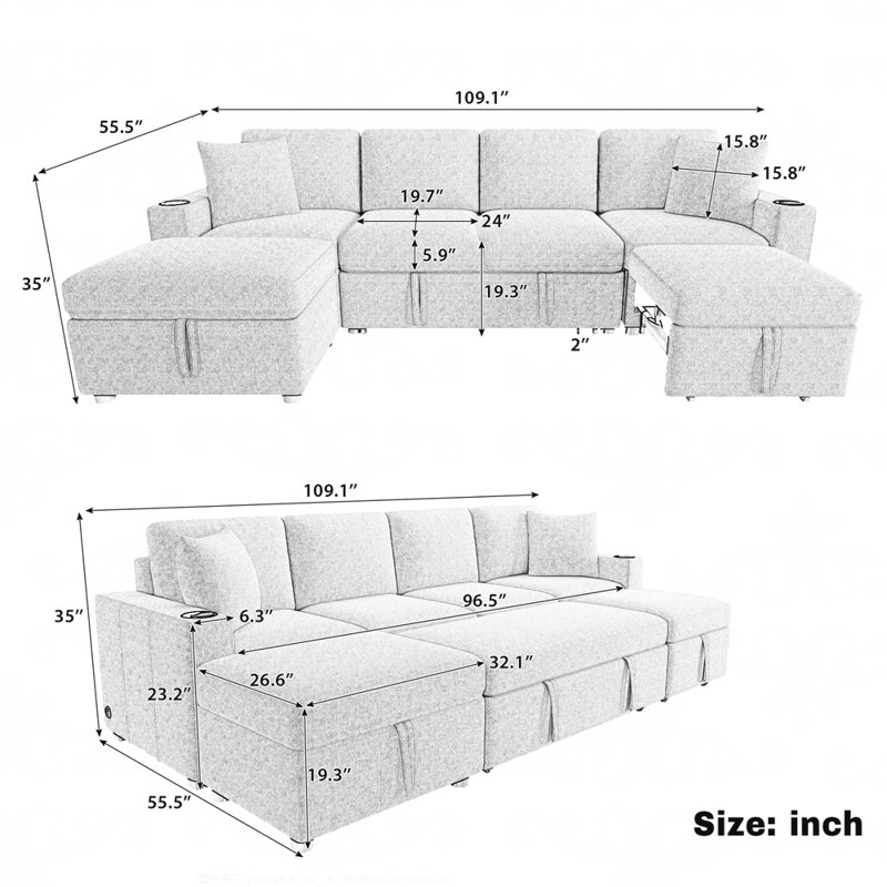 Canapé-lit modulaire convertible en L 109,1 po, Beige