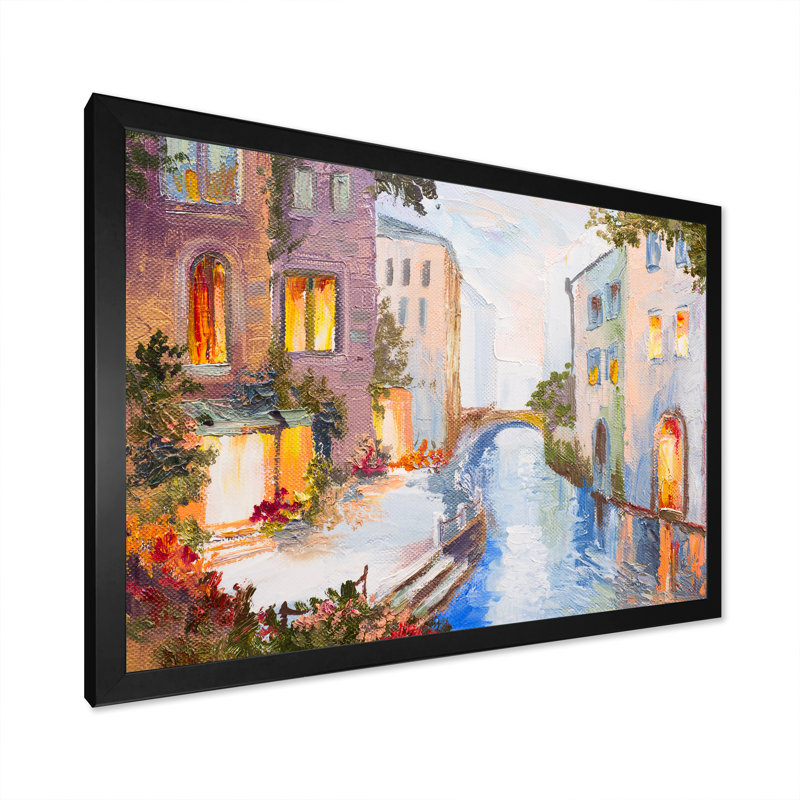 Summer Canal In Venice - reproduction d'art sur toile, Toile avec cadre noir, H 16 po x l 32 po x P 1 po