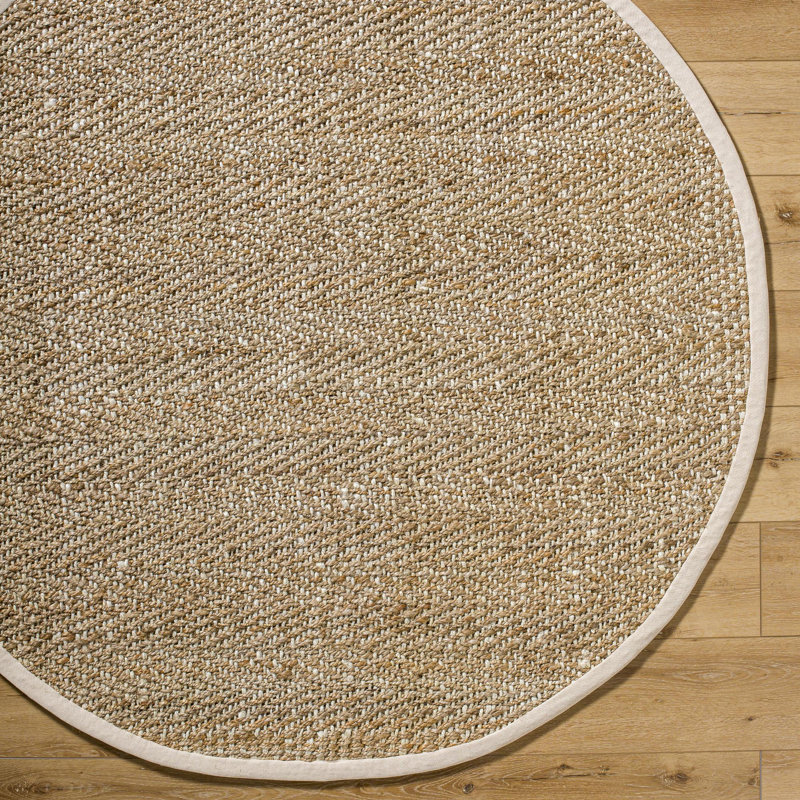 Tapis en jute tressé à la main de couleur unie Wilsey en kaki / brun clair / crème, Rond 6 pi