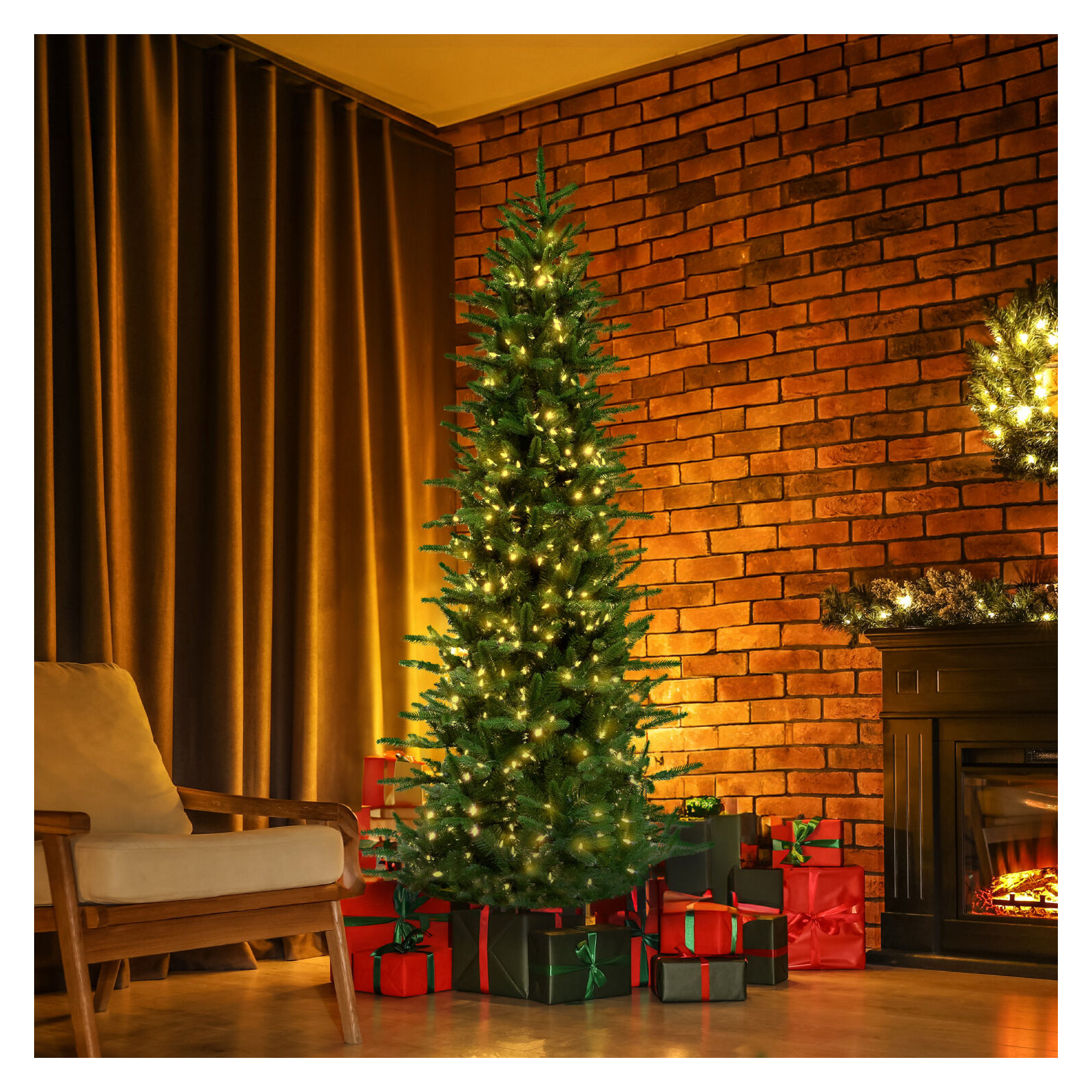 Fraser Hill Farm Carmel Pine Slim Artificial Christmas Tree with Warm White LED Lights, 90" H