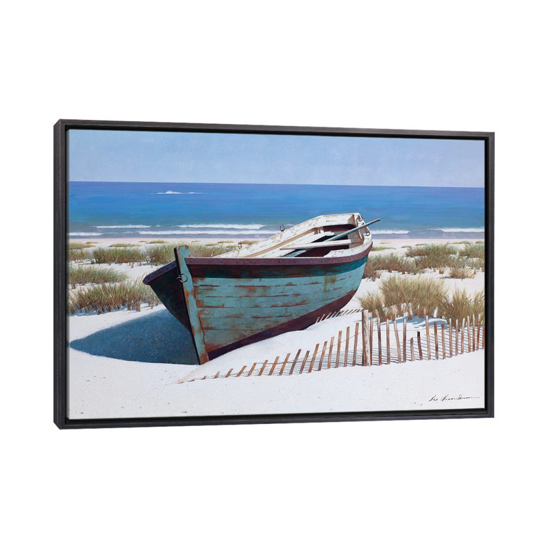 «Blue Boat on Beach» par Zhen-Huan Lu - reproduction de photo, H 26 po x l 40 po x 1,5 po, Toile avec cadre noir patiné