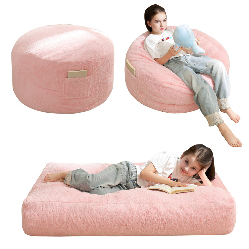 Fauteuil à billes convertible pour enfants, Fausse fourrure rose