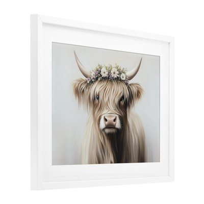 Shaggy Cattle Floral Crown Framed Print Under Glass, design by Shawna Stewart