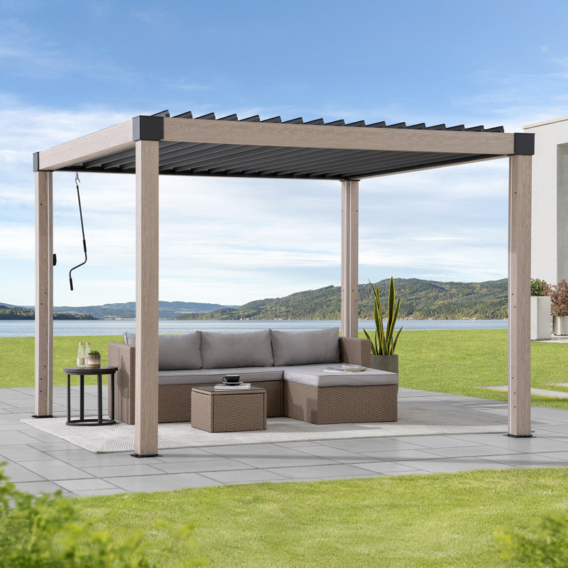Sunjoy 3m x 4m Electric Louvered Pergola with Solar LED Lights, Remote Weatherproof Adjustable Rainproof Aluminum Hardtop Gazebo, with Drainage System, Water and UV Proof
