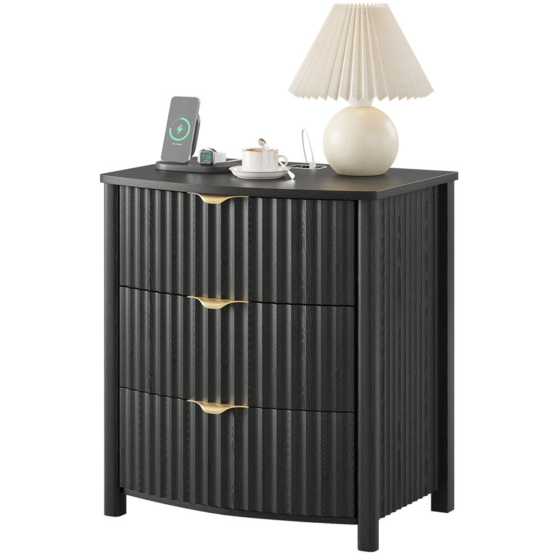 Table de chevet 3 tiroirs avec lumière, Black wood