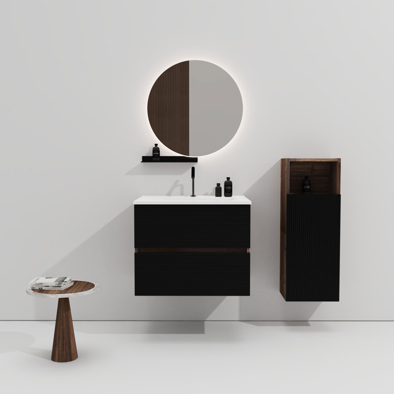 Meuble-lavabo flottant 24 po en noir et noyer doux, lavabo intégré en céramique, option tiroir fermé, rangement 20% plus grand, solution de conception de poignée élégante, capacité de rangement disponible, vision