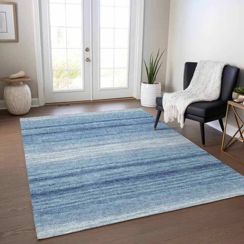 Blue Ombre Stripe Synthetic 8' x 10' Washable Rug