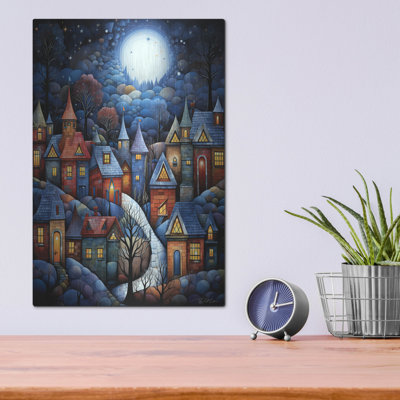 Art mural en métal Winston Porter «Serene Village Under The Moon 1» par Momart