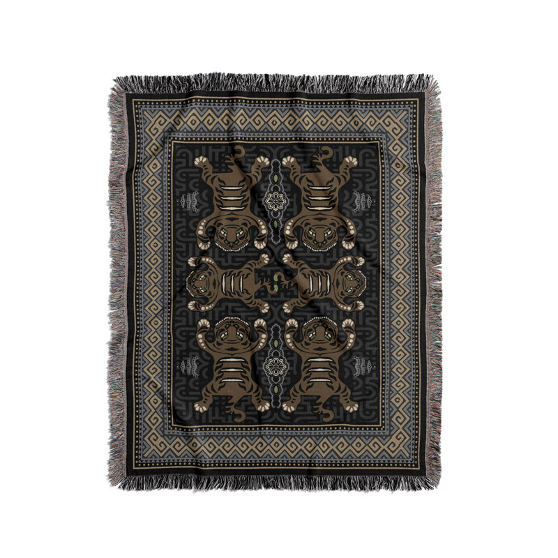 Jeté en mélange de coton Voha, Noir / brun / gris, L 70 po x l 50 po