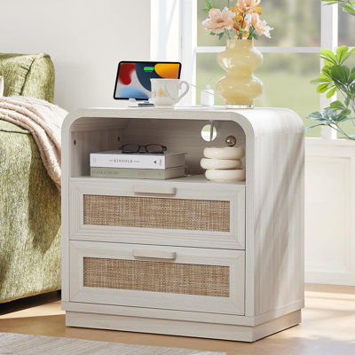 Rattan Night Stand with Charging Station,23.6" Curved Profile Nightstand with 2 Drawers,Wood Bedside Table with Storage Shelf & Solid Handle,Boho End Tables for Bedroom,Living Room