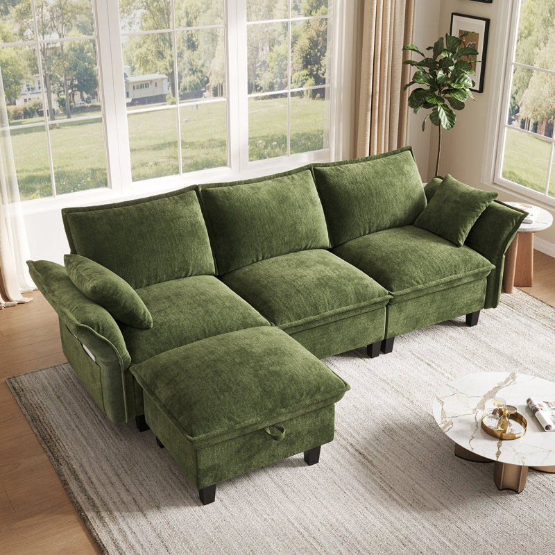 112'' Down Modular Sectional Sofa With Movable Ottoman, Couch With Removable Washable Cushion Covers, Tool-Free Easy Assembly, Petal Arms Deep Seat Cloud Couches For Living Room, Chenille Fabric