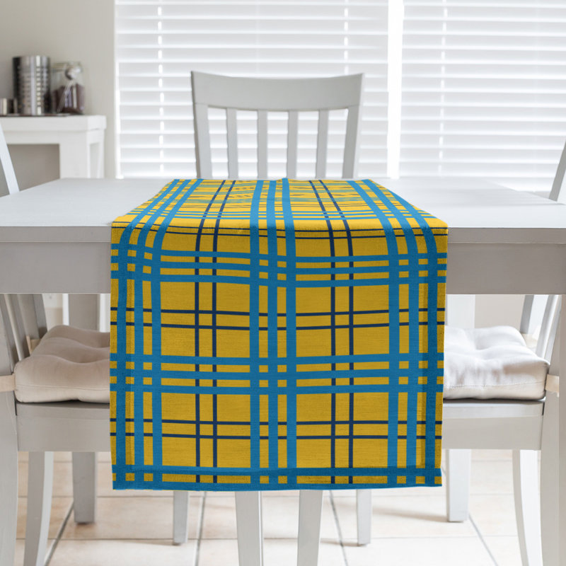 Paid Polyester Table Runner, 72" L x 16" W, Gold/Navy Blue/Powder Blue