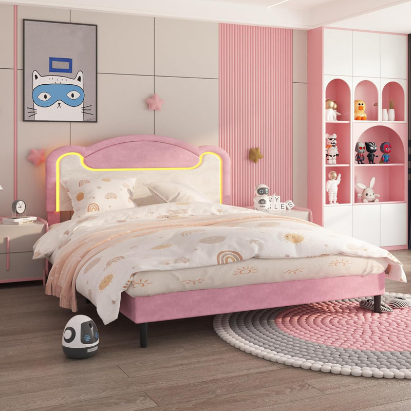 Upholstered Bed Frame, Fabric Headboard with LED Lights, Wooden Crossbar Support, No Box Spring Needed, Pink(Drawerless)