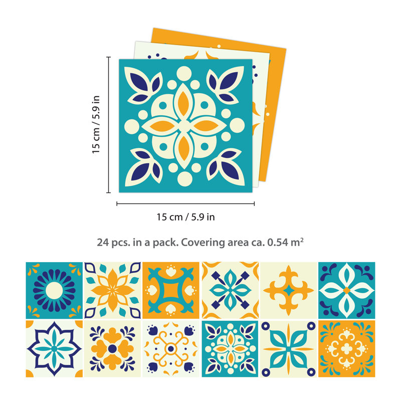 Stewie Marjorelle Moroccan Wall Tile Sticker Set - 15 cm x 15 cm, Yellow/Blue