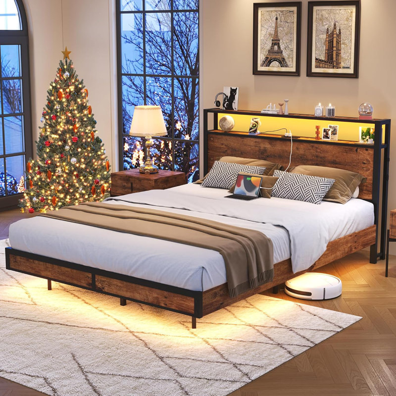Platform Bed Frame With 2 Tier Storage Headboard, Built-In Charging Station & Led Lighting, Full