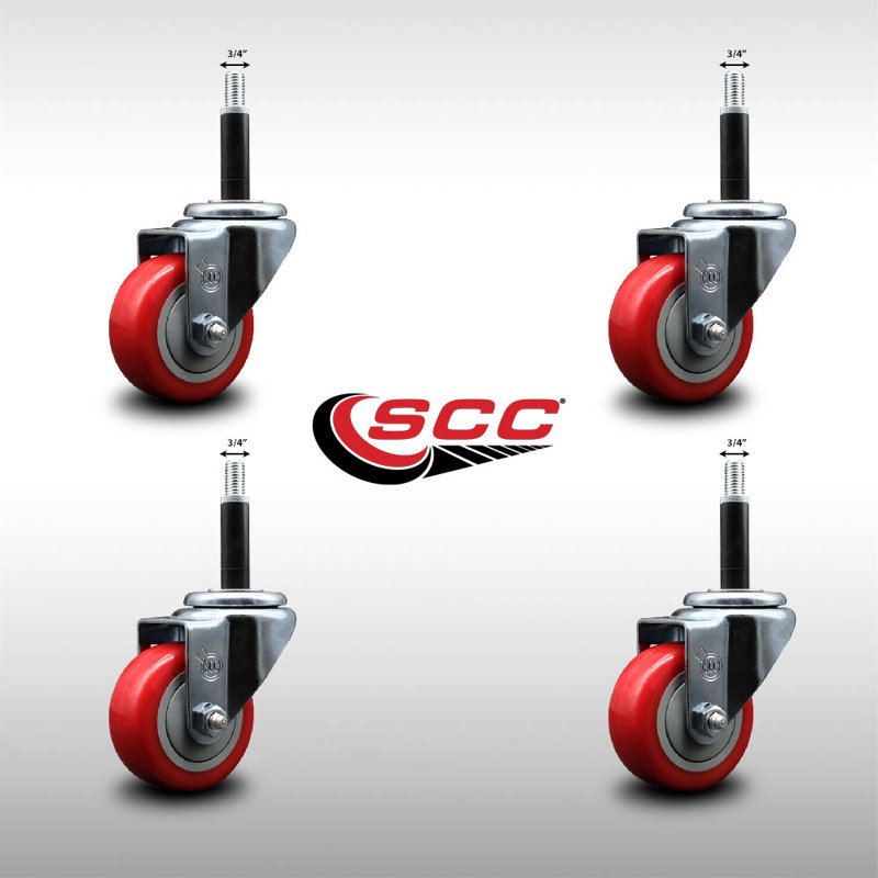 3 Inch SS Red Poly Wheel Swivel 3/4 Inch Expanding Stem Caster Set SCC, Red