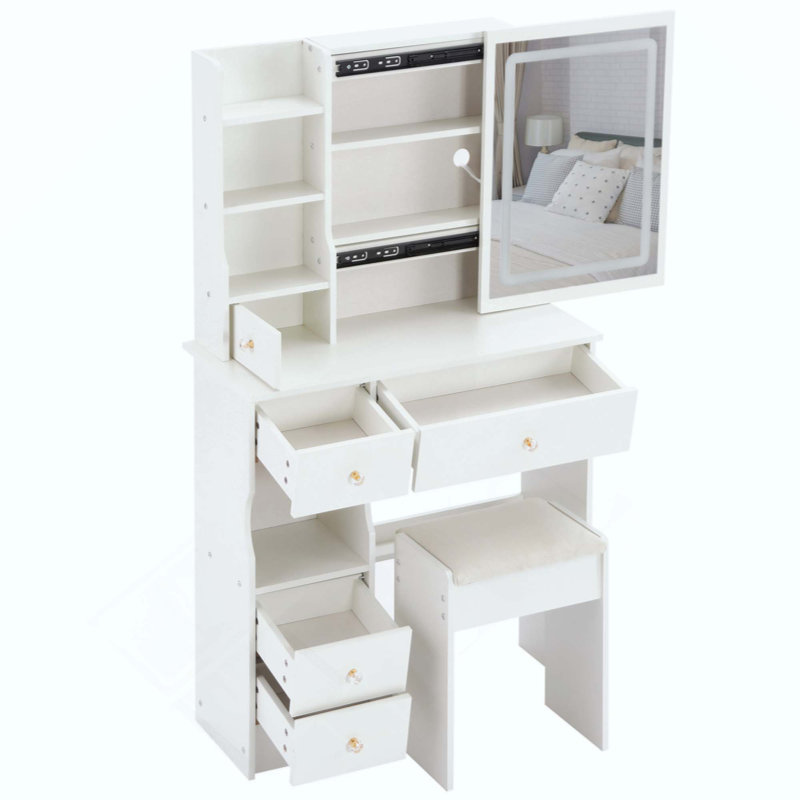 Petite coiffeuse avec tiroir de gauche et tabouret rembourré, 2 blocs d'alimentation AC + 2 USB, support pour sèche-cheveux, très grand miroir à DEL coulissant à contrôle tactile, changement de couleur, réglage de la luminosité