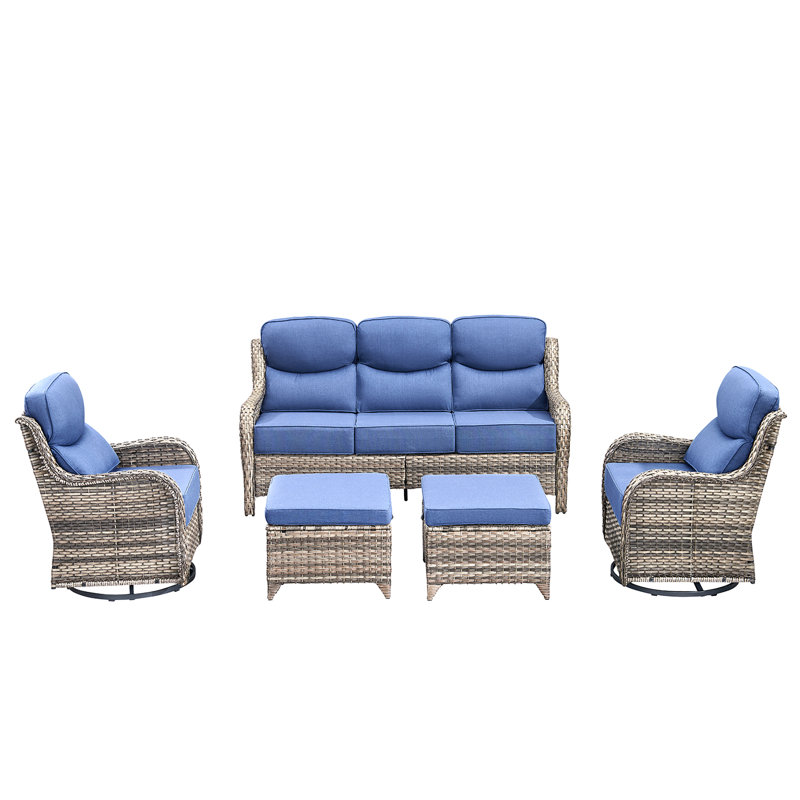 Wicker Patio Furniture Set - 5 Piece Rattan Outdoor Sectional Conversation Sets With 2 Rocking Swivel Chairs,2 Ottomans And 1 Sofa For Porch Deck Garden