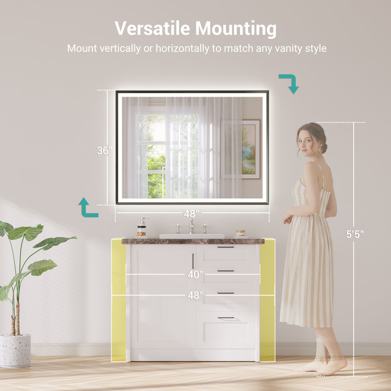 Miroir de salle de bain moderne à DEL avec verre trempé et miroir mural, 36 po x 48 po, Noir