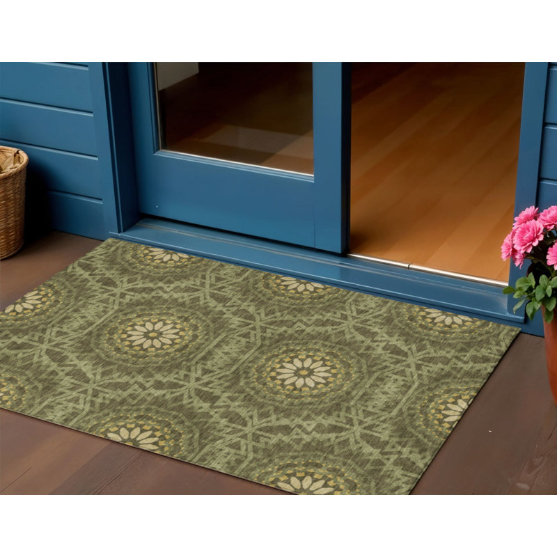 3' X 5' Olive Green Artichoke Green And Gold Floral Medallion Washable Indoor Outdoor Area Rug