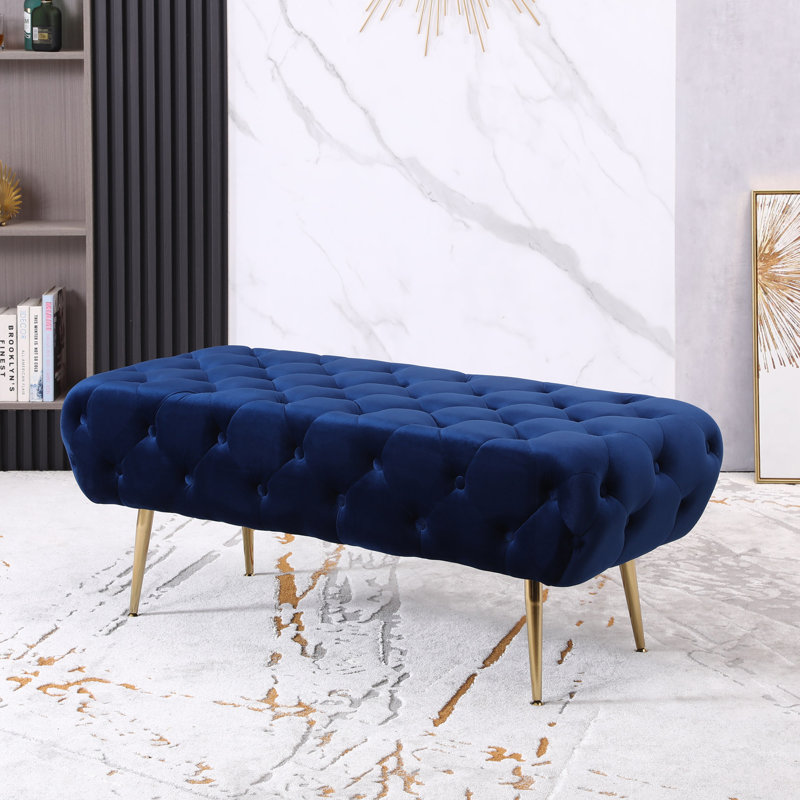 Banc capitonné en velours avec pieds en métal doré Sira, Bleu