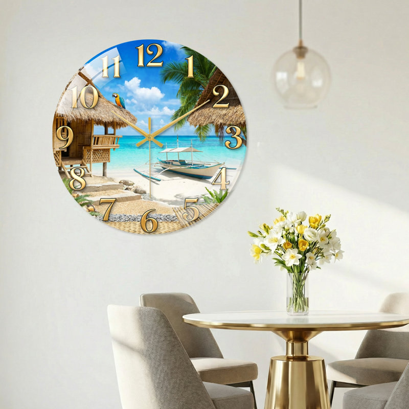 "Tropical Beach", horloge murale en verre, 40 x 40 cm (15,7 x 15,7 pouces)
