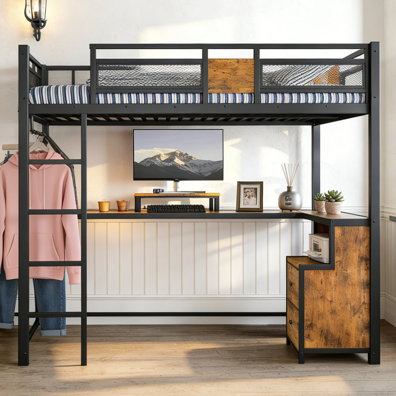 Twin Xl Metal Loft Bed With Built-in Desk & Non-woven Fabric Storage Drawers, Noise-free Design With Ladders & Guardrails, No Box Spring Needed, Black, Space-saving For Dorms & Apartments