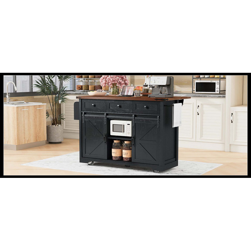 53.7" Farmhouse Kitchen Island With Power Outlet, 2 Sliding Barn Doors, Drop Leaf & Spice Rack, Rolling Kitchen Cart On Wheels For Kitchen & Dining Room, Black