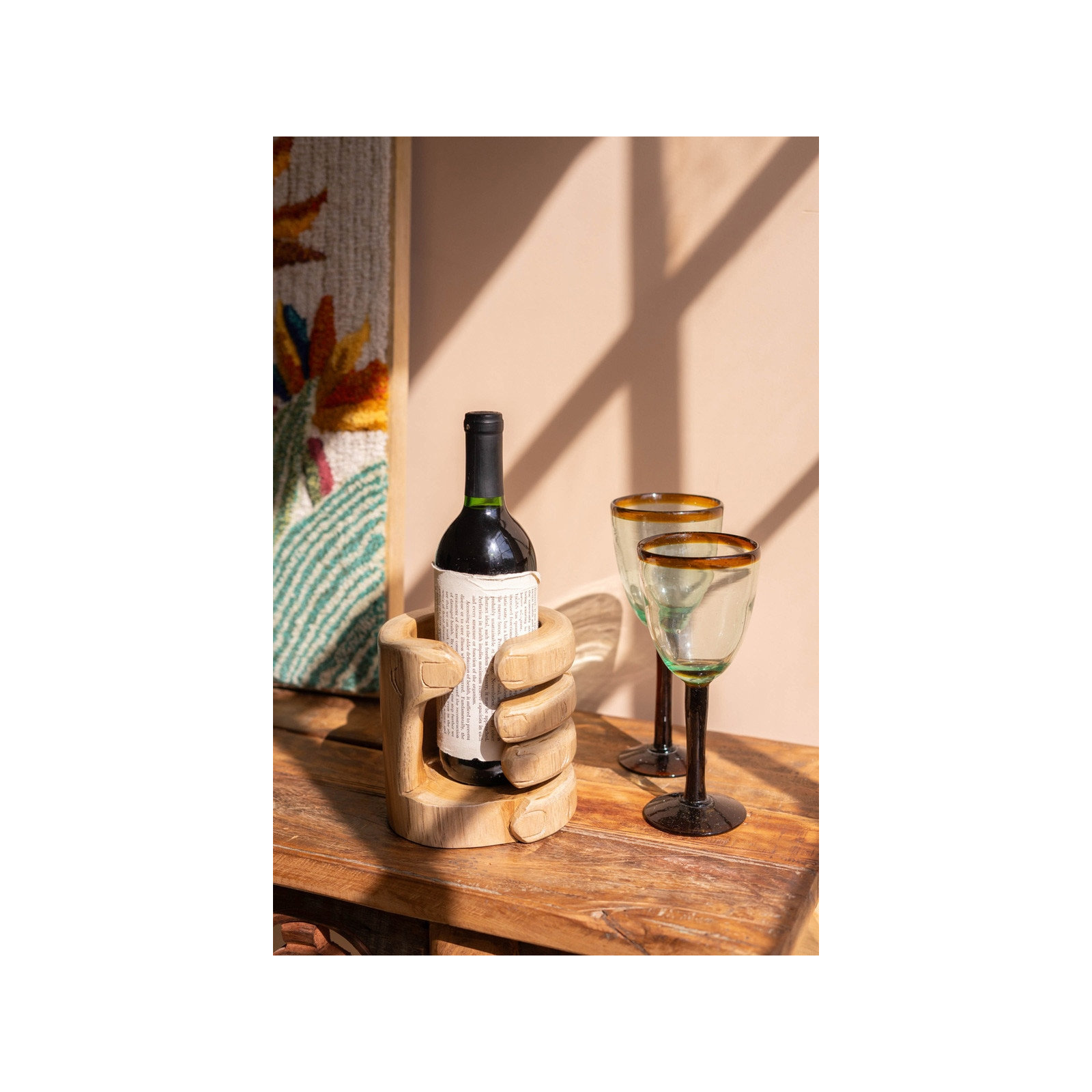  Decorative Hand Wine Holder 6"H Teakwood Brown Carved Bottle Stand