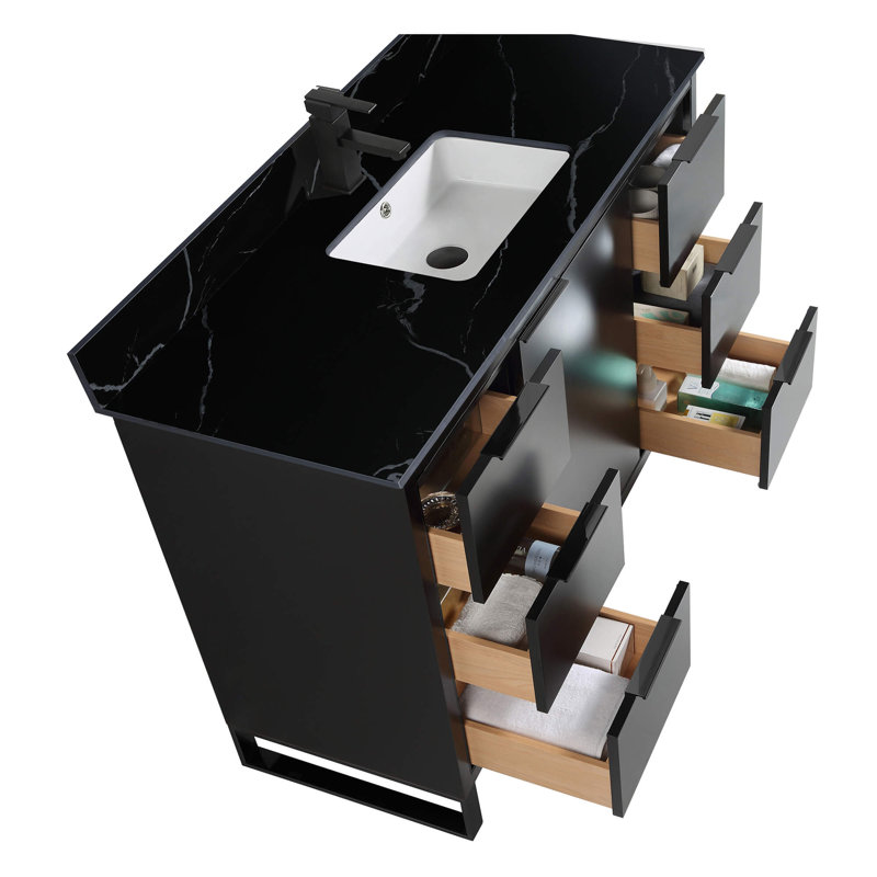 Meuble-lavabo sur pied simple avec plateau en pierre 48 po Gerzon, Noir mat, Noir mat
