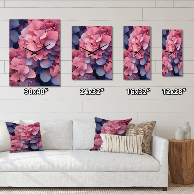 Horloge murale moderne rose et bleu avec fleurs d'hortensia II, Grand